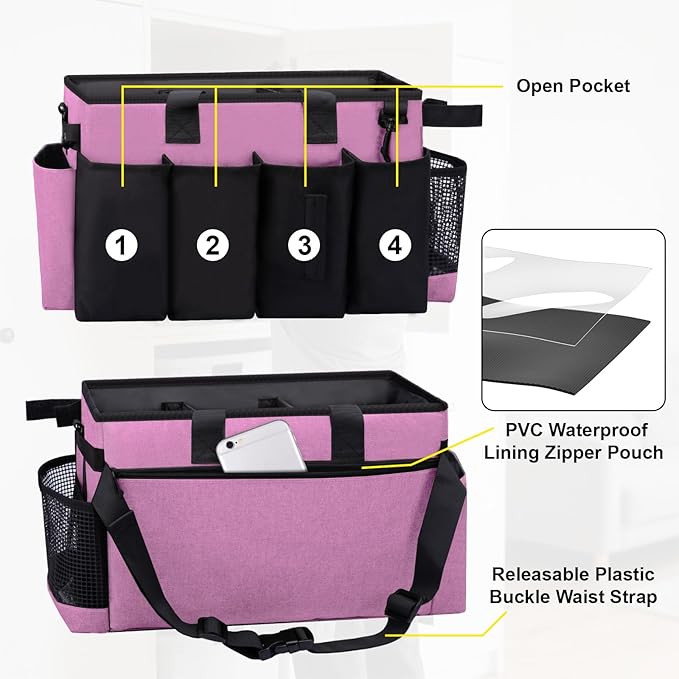 Wearable Large Cleaning Caddy Bag for Housekeeper, Clean Supply Organizer with Adjustable Shoulder, Waist & Handle Straps, Detailing Bag for Kitchen Supplies (Pink)