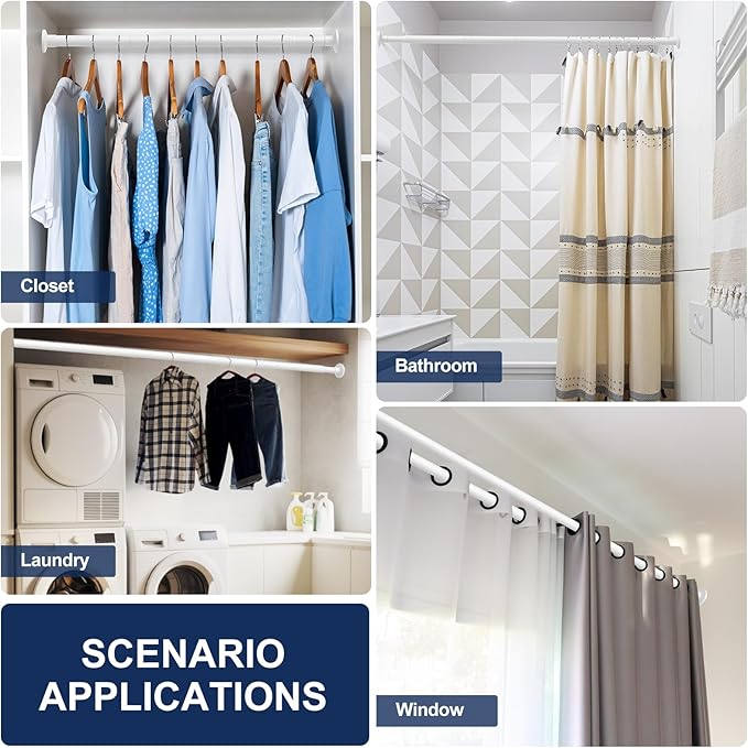 No Drilling Closet Rod, 27.5-82 Inches Hanging Closet Rod for Clothes, Closet Bar & Pole Heavy-duty, Closet Rods for Hanging Clothes For Closet Wardrobes Bathroom Laundry RV Curtains,White