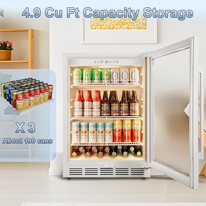 Beverage Refrigerator, 4.9 Cubic Feet Undercounter/Freestanding 24 Inch Beverage Fridge with Glass Door, LED Light, Safety Lock, Touch Control, Low Noise (White)