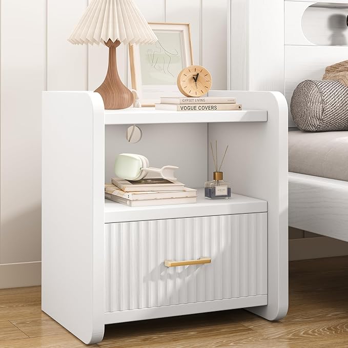 Night Stand with Charger Station, Fluted Wood Nightstand with Drawer Storage, Modern Bedside Table, Wide Nightstands for Bedroom, Mid Century Wooden Night Stands for Home Office Sofa Couch
