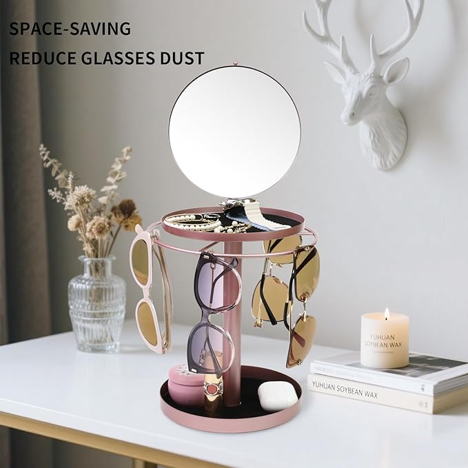 360° Rotating Sunglasses Organizer With Mirror, Metal Glasses Holder Stand, Sunglass Storage Display Eyewear Eyeglasses Rack with Tray for Desk Nightstand Dresser Table Countertop Bedroom, Rose Gold