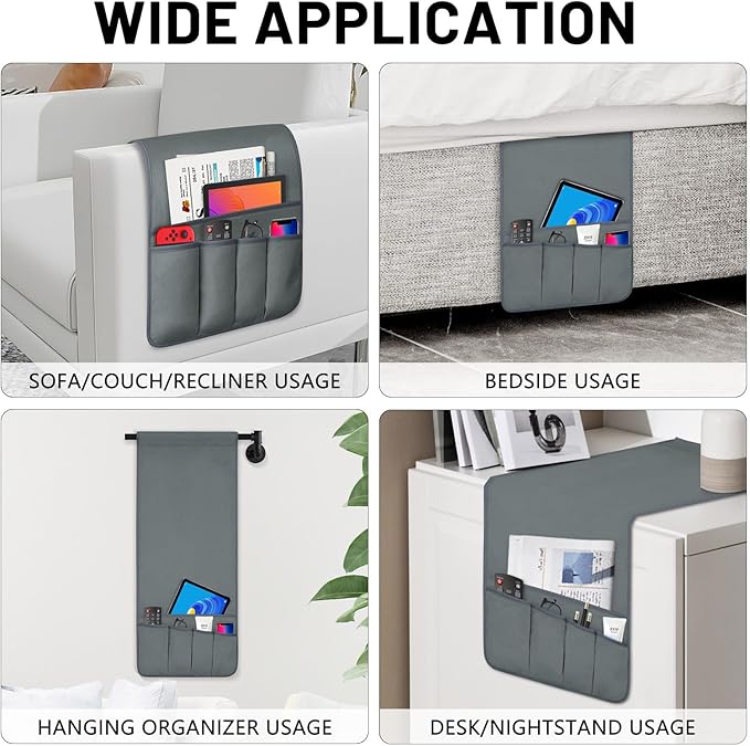 TV Remote Control Holder Couch Caddy, Non-slip Bedside Caddy Organizer with 5 Pockets for Key Glasses Phone Magazine Holders (Gray, 35"x12.4")
