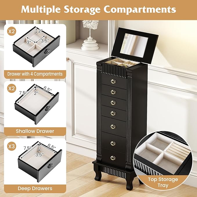 Giantex Standing Jewelry Cabinet with 7 Drawers, Flip-Top Mirror, 2 Side Doors with 12 Necklace Hooks, Divided Ring Compartments, Velvet-Lined Jewelry Armoire Organizer Chest (Black)