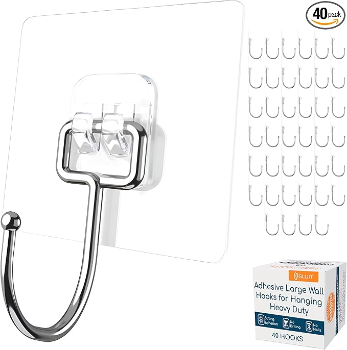 GLUIT Adhesive Large Wall Hooks for Hanging Heavy Duty 22 lbs Hooks for Walls No Damage, Towel Sticky Clear Hooks, Waterproof, Home, Bathroom, Kitchen, Office, and Outdoor 40 Pack