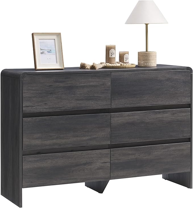 AMERLIFE 6 Drawer Dresser for Bedroom, 49" Long Modern Chest of Storage Drawers with Rounded Corners, Anti-Tip Kit, Wood Cabinet Organizer for Closet, Apartment, Nursery, Easy Assembly, Black