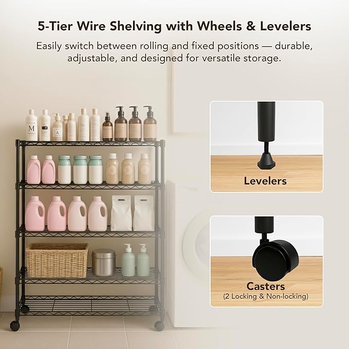5 Tier Wire Shelving Unit Storage Rack, Metal Heavy Duty Utility Organizers, Organization Units for Products Plant Pantry, Garage, Laundry Racks Durable Shelf Stand,14"W x 30"L x 60"H, Black