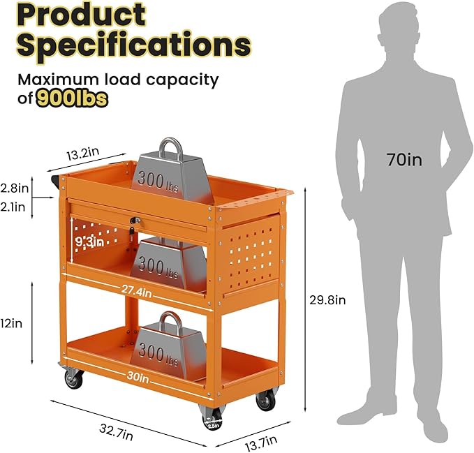 Heavy Duty 3 Tier Tool Cart, Mechanic Metal Rolling Tool Cart with Storage Drawers for Garage Workshop