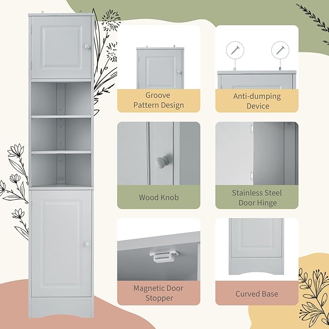 66.9" Tall Corner Bathroom Cabinet with Doors, Freestanding Triangle Storage Cabinet with Adjustable Shelves & Open Shelf, Water-Resistant MDF, Space-Saving Organizer with Anti-Tip Device, Grey