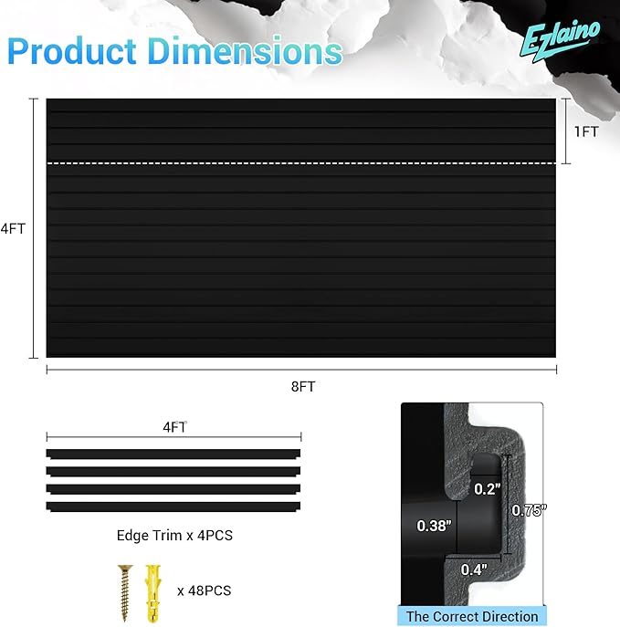 Ezlaino Slat Wall 4FT x 8FT, Versatile PVC Slatwall Paneling w/Long-Lasting Durability, Easy to Clean, Fits Most Slatwall Accessories, Ideal Organizer for Garage, Home & Store Storage, Black