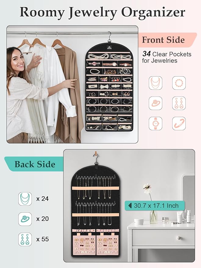 MATEIN Hanging Jewelry Organizer with Removable Travel Jewelry Pouch, Tangle Free Necklace Hanger Wall Mount with Metal Hook, Large Earring Storage Holder for Bracelet Ring Display, Gifts for Her
