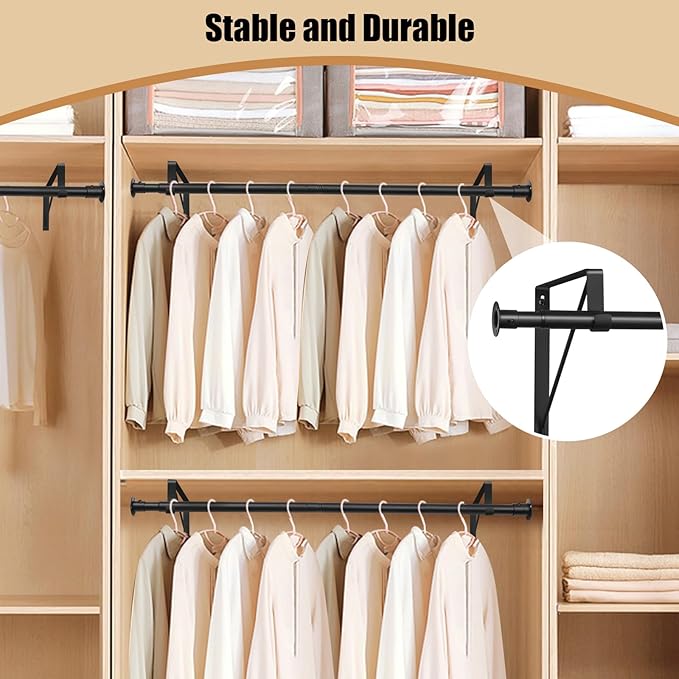 Closet Rod, 16 to 87 Inch Closet Rods Heavy Duty Adjustable Wardrobe Poles for Hanging Clothes and Heavy Duty Bracket Closet Pole Support (The Shelf NOT Included)(Black)