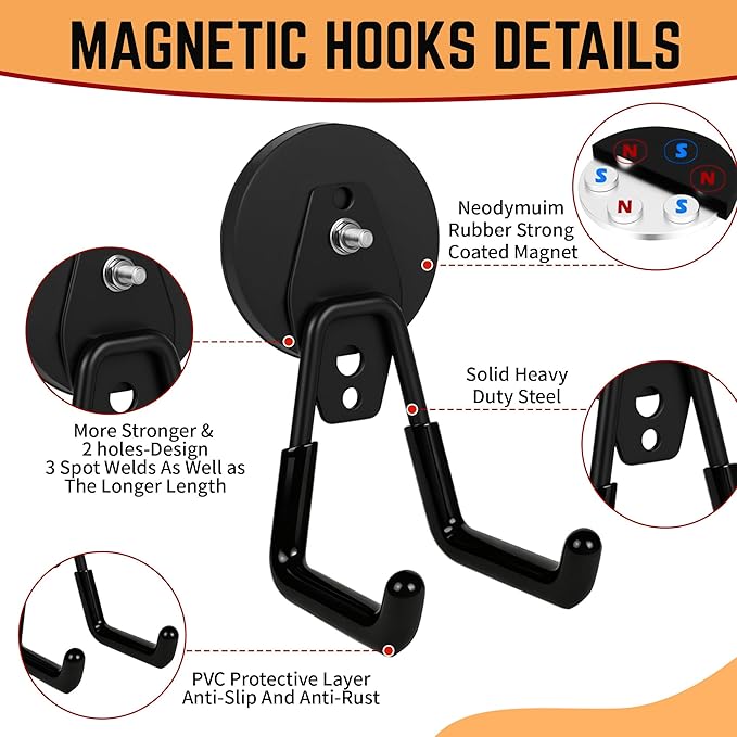 4 Pack Strong Magnet Hooks Heavy Duty, Rubber Coated No Damage Hook for Garage Storage, Dual Hook Design, Large Magnetic Hangers for Tools, Garden, Workshop (Orange2pcs + Black2pcs)