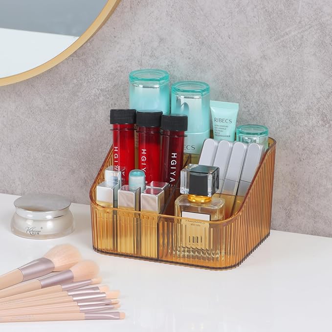 Amber Makeup Brush Holder Organizer for Vanity, Bathroom Countertop Organizer 5 Cups, Toiletry Storage & Display for Skincare, Perfume, Hairbrush, Sunglasses & Desk Accessories