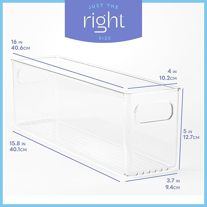 primebox Plastic Food Storage 6 Pack Clear Container Bin with Handles for Organizing Kitchen, Pantry, Fridge, Freezer, Pantry,Bathroom. 16"x4"x5"