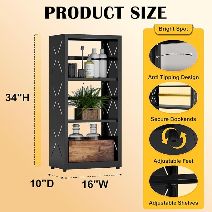 Narrow Bookshelf,3 Tier Bookcase,34" Black Metal Small Bookshelf with Adjustable Feet and Adjustable Shelves,Home Office Bookcase Shelf Storage Organizer for Living Room、Kitchen