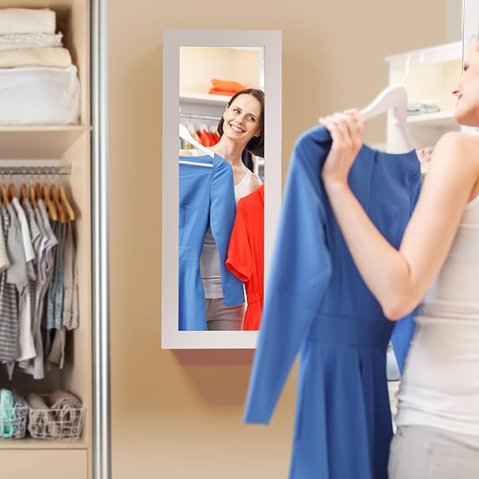 Wall Mount Ironing Board Cabinet, Built in Swivel Ironing Board Folding with Storage & Mirrored Door, White