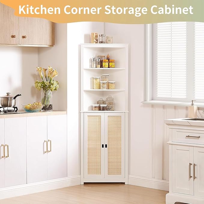 64 inch Farmhouse Corner Cabinet with 2 Barn Doors, Tall White Storage Cabinet with Adjustable Shelves, Multi-Purpose Buffet Pantry for Bathroom, Kitchen, Dining Room