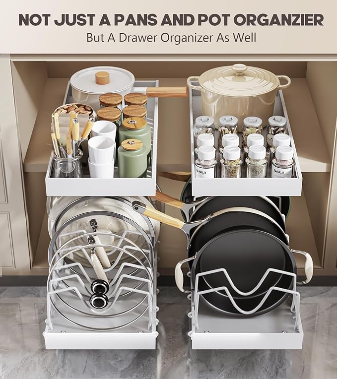 Pull Out Pots and Pans Organizer Under Cabinet, Sliding Lid Holder and Pan Rack in Kitchen, Slide Out inside Cabinet Storage for Pot Lid, Bakeware, Dishes, 6 Adjustable Dividers, 1 Pack White