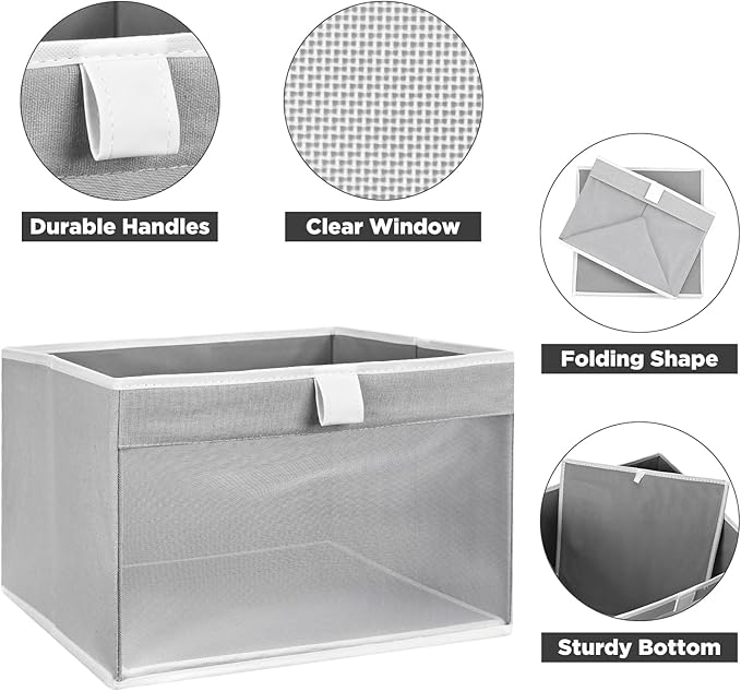 Linen Closet Organizers and Storage, Closet Storage Bins Basket Organizer, Foldable Organization Baskets with Mesh Window for Clothes Towels and Toys, 14.5" x 14.5" x 10.25", Gray, 2 pack