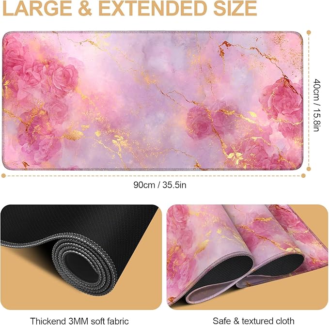 Elegant Pink Rose and Gold Marble Mouse Pad –35.43" x 15.75" Extended Desk Mat with Abstract Floral Design – Luxurious Non-Slip Surface for Office & Home Decor