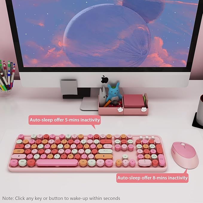 KOOTOP Cute Pink Wireless Keyboard and Mouse, 2.4G Retro Round Keycap for PC, Mac, Laptop, Tablet, Computer Windows
