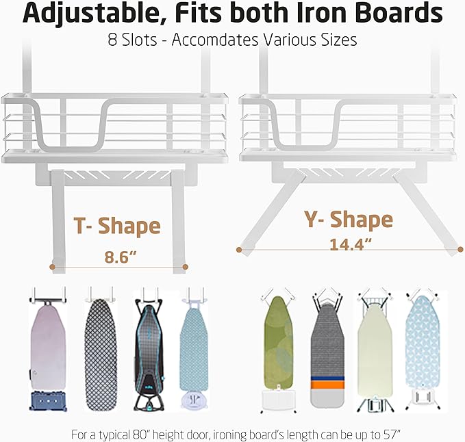 KES Over The Door Ironing Board Holder, Ironing Board Hanger Over Door Organizer with Storage Shelf Y and T Shaped Fits for 1 3/8 Doors White, HIR501A-WH