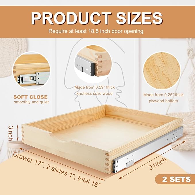 Menkxi 2 Set Pull out Tray Cabinet Organizer Wooden Pull Drawers storage Slide out Pantry Shelf for Base Cabinet Kitchen Gentle Close Fully Assembled Accessories(Wood Color,18'' X 21'' X 3'')