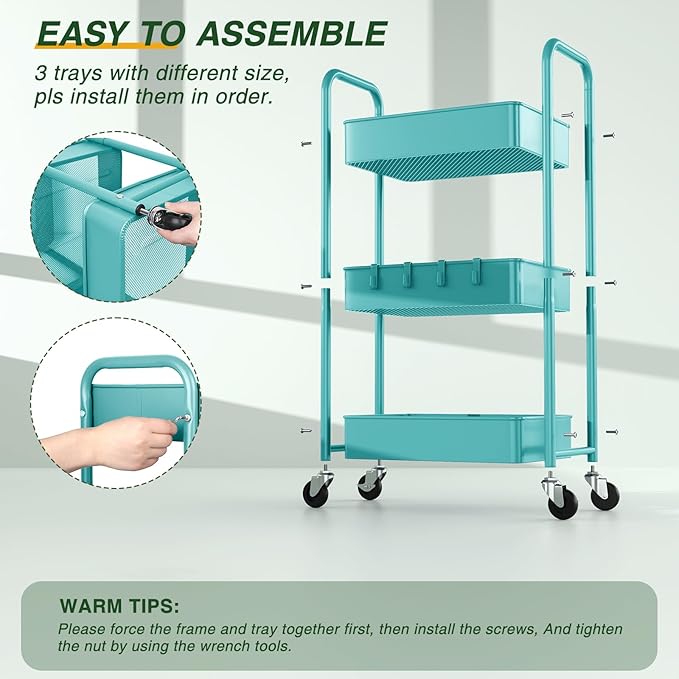 LEHOM 3 Tier Rolling Storage Cart, Metal Trolley Utility Cart with Wheels & Hooks, Easy Assembly Organizer Storage Cart for Bathroom Kitchen Office Bedroom (Blue)
