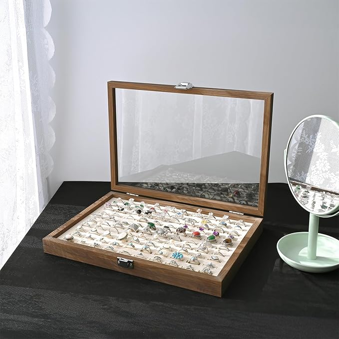 MOOCA 100 Ring Box Jewelry Display Tray, Display Case Accessories Storage Box with Tempered Glass Hinge Lid, Beige Lined Jewelry Tray for Rings, Walnut Color, 14.1W x 10.2D x 2.1H in