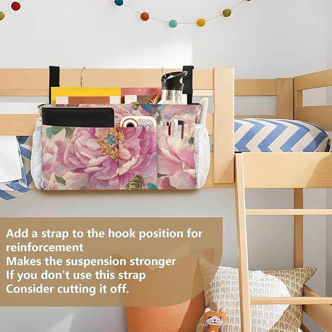 Pink Peony Bee Dragonfly Bedside Caddy for Dorm Bed Bedside Hanging Caddy Bag Iron Frame Storage Organizer Pocket for Bunk Home College Hospital Beds 2 Hooks