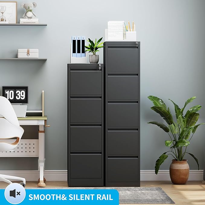 5 Drawer File Cabinet with Lock, Metal Vertical Filing Cabinet for Home Office, 64" Tall Narrow Locking Steel File Cabinets with Drawers, Storage for Legal/Letter/A4/F4, Easy Assemble (Black)