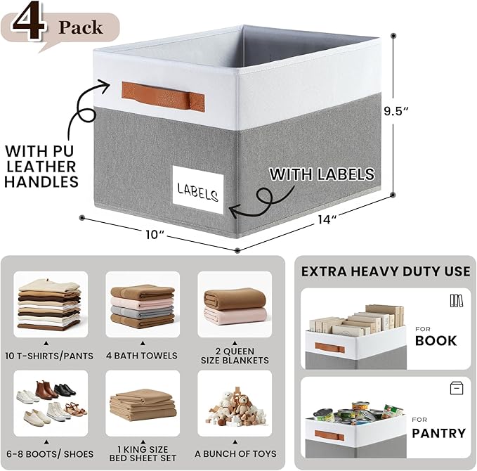 Criusia Large Closet Storage Baskets for organizing 4 Pack - Heavy Duty Closet Shelf Organizer Bins with Handles & Labels - Decorative Collapsible Baskets for Living Room Bedroom Nursery Dorm 14"x10"