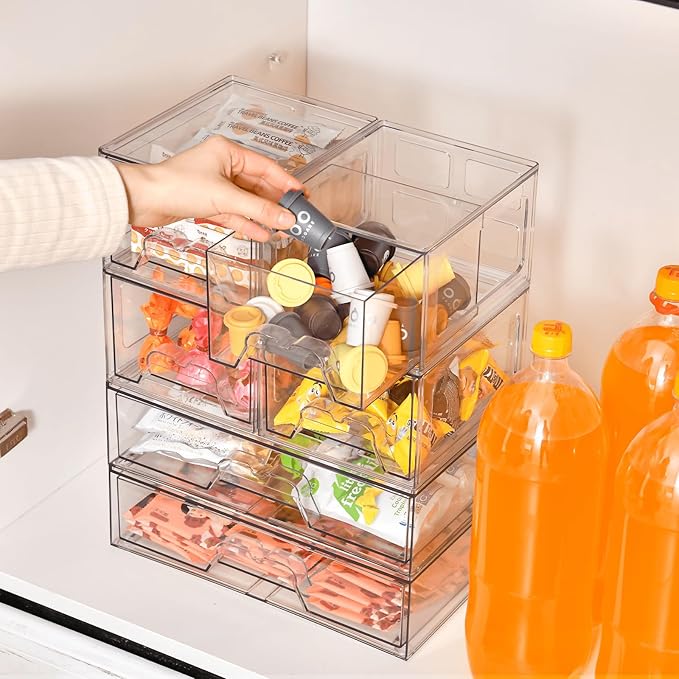 Stackable Makeup Organizer Storage Drawers Set of 6, Clear Plastic Organizer Bins for Beauty Supplies,Ideal for Vanity, Bathroom,Cabinet,Pantry Organization (2Long 4 Short)