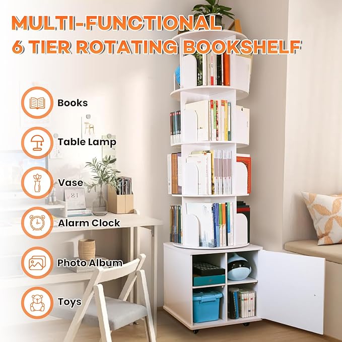 6 Tier Rotating Bookshelf Spinning Bookshelf Tower 360° Revolving Bookcase with Storage Cabinet Corner Organizer Storage Round Carousel with Wheels, White