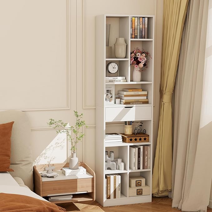 Tangkula 71” Tall Bookcase with Drawer, Modern Bookshelf with 10 Open Cubes, Floor Standing Display Rack Storage Cabinet with Anti-Tipping Kits for Living Room, Study, Office (2, White)
