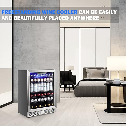 COWSAR Wine Cooler Refrige ETL Approved 24inch Wine Fridge Freestanding or Built-in Wine Refrigerator 5.1Cu.Ft Wine Fridge Under Counter Stainless Steel Wine and Beverage Refrigerator with Glass Door