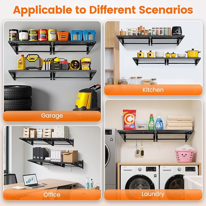 Garage Shelving 2x2ft 4-Pack, Garage Storage Rack 24"x24" Metal Shelves Black Wall Mounted with rods & 4 Hooks, Heavy Duty Wall Shelving Floating Shelves, 880lbs Total load Capacity