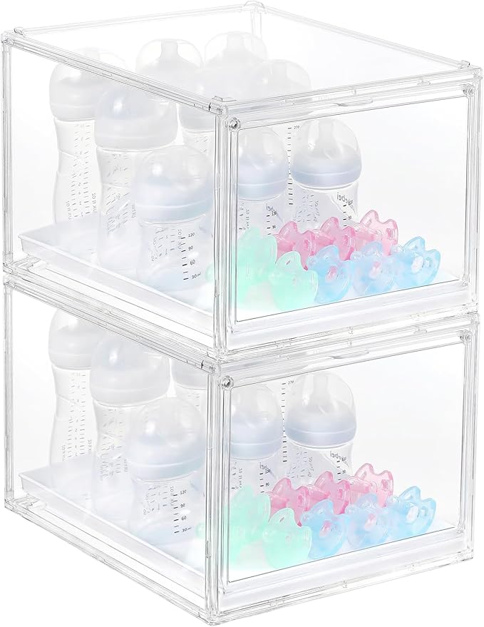 YESGIRL 2 Packs Clear Baby Bottle Organizer,Clear Stackable Acrylic Storage With Drawer for Countertop Cabine Storage Station Case Box Container for Nipples Pump Parts Food Jars