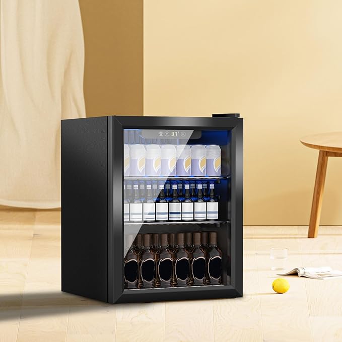 Beverage Refrigerator Cooler, 72 Can Mini Fridge Glass Door for Drinks Soda, Beer, or Wine - Small Refrigerator for Office Bedroom Home Bar, Adjustable Shelves, 1.7 Cu.Ft, Black