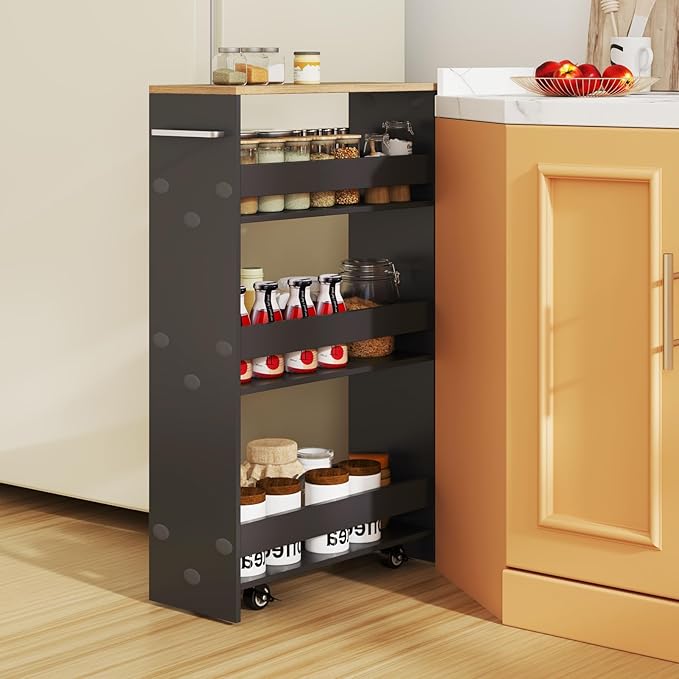Slim Rolling Storage Cart, 4 Tier Narrow Kitchen Cart with Wheels, Between Washer and Dryer Cart, Wood Shelving Unit Organizer w/Handle for Small Spaces (Grey & Natural, 8-Inch)