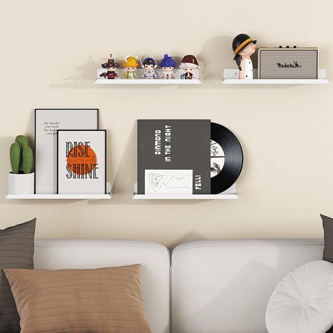 Lifewit Floating Shelves for Wall, 12 Pack White Acrylic Shelf 15" Room Decor for Bookcase/Vinyl Record Display/Photo/Picture in Bedroom, Living Room, Bathroom, Kitchen Storage and Organization