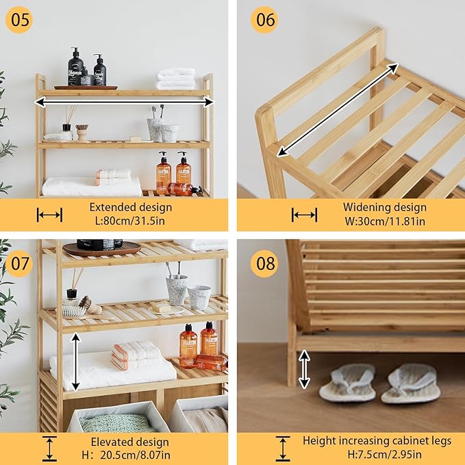 Double Tilt Out Laundry Hamper, Bamboo Hamper with 2 Removable Bags, Pull Out Laundry Hamper Cabinet, Bathroom Storage Shelf for Laundry Room, Living Room, Bedroom (3-Tier, Natural)