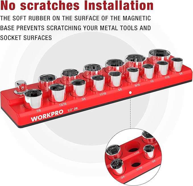 WORKPRO Magnetic Socket Organizer, 1/2-Inch SAE Sockets Holder, Socket Trays Holds 16 Pieces Standard Size and Deep Size Sockets(Socket not Included)