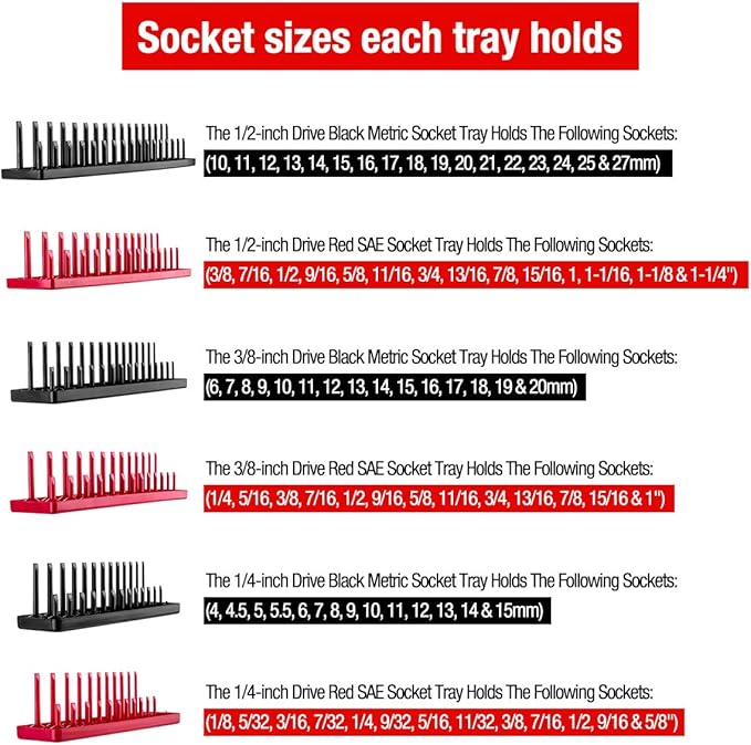 6PCS Socket Organizer Tray Set, Red SAE & Black Metric Socket Storage Trays, 1/4-Inch, 3/8-Inch & 1/2-Inch Drive Deep and Shallow Socket Holders for Toolboxes