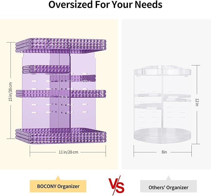 Rotating Makeup Organizer, Large Capacity Cosmetic Display Case, Acrylic Skincare Organizer with Makeup Brush, Makeup Storage Organizer for Dresser Countertop and Bathroom Vanity - Purple
