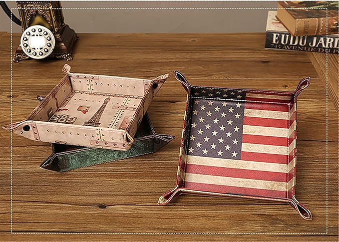 siduater Valet Tray Desktop Storage Organizer, Vegan Leather Catchall Bedside Vanity Tray Nightstand Caddy Holder for Remote Controller, Watch, Keys, Phone, Wallet, Sunglasses, Jewelry - Flag