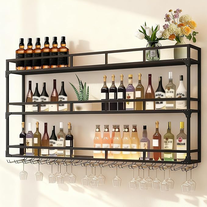 Wall Mounted Wine Rack, Wine Rack Wall Mounted with Wine Glass Rack, Metal Bar Bottle Display Shelf Wine Cups Hanging Holder, for Home Bar Cafe Dining Room Decoration (BLACK, 47.2*10*35.5IN)