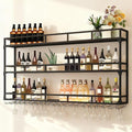 70.8in Wall Mounted Wine Rack, Wine Rack Wall Mounted with Wine Glass Rack, Metal Bar Bottle Display Shelf Wine Cups Hanging Holder, for Home Bar Cafe Decoration (Black, 70.8 * 10 * 35.5IN)