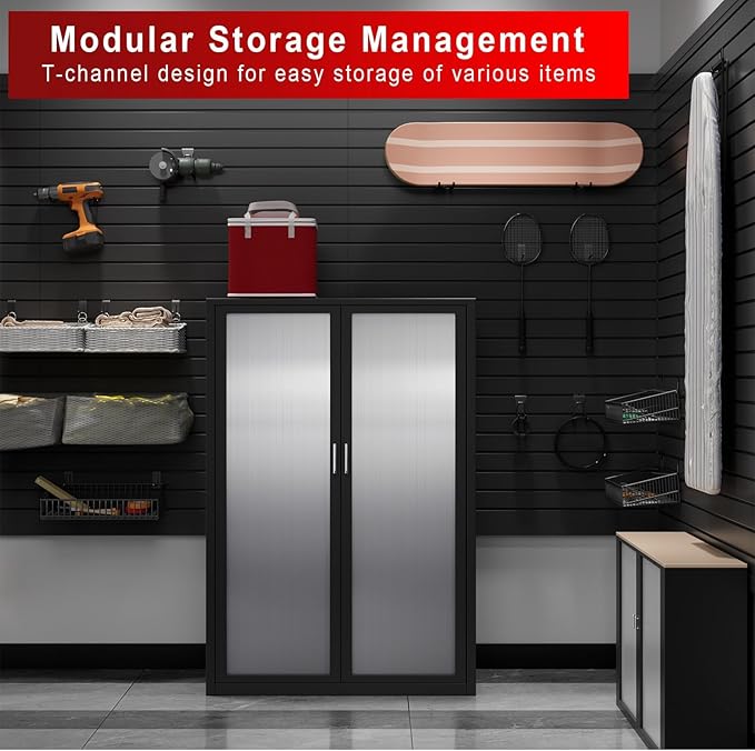 4'H x 4'W Slatwall Panel Garage Wall Organizer with Hooks, Heavy Duty Slat Wall Paneling Sheets, Interlocking PVC Panels, Garage Slatwall for Tool Organization Mounted Storage Systems Black