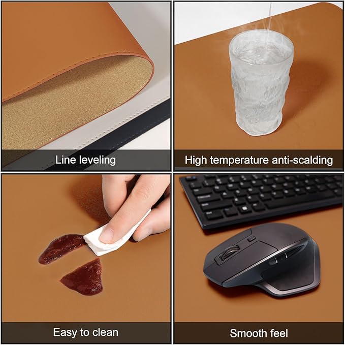 DAWNTREES Dual Sided Desk Mat,Leather Desk Pad,Brown 40"x16",Cork Desk Mat Protector,with PU Leather Valet Tray Organizer,Large Mouse Pad,Desk Writing Pad for Office and Home